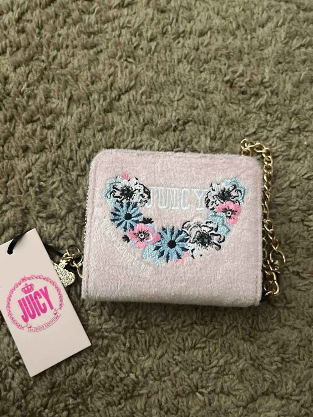Juicy Couture Light Pink Floral Embroidered Mini Card Holder with Gold Chain